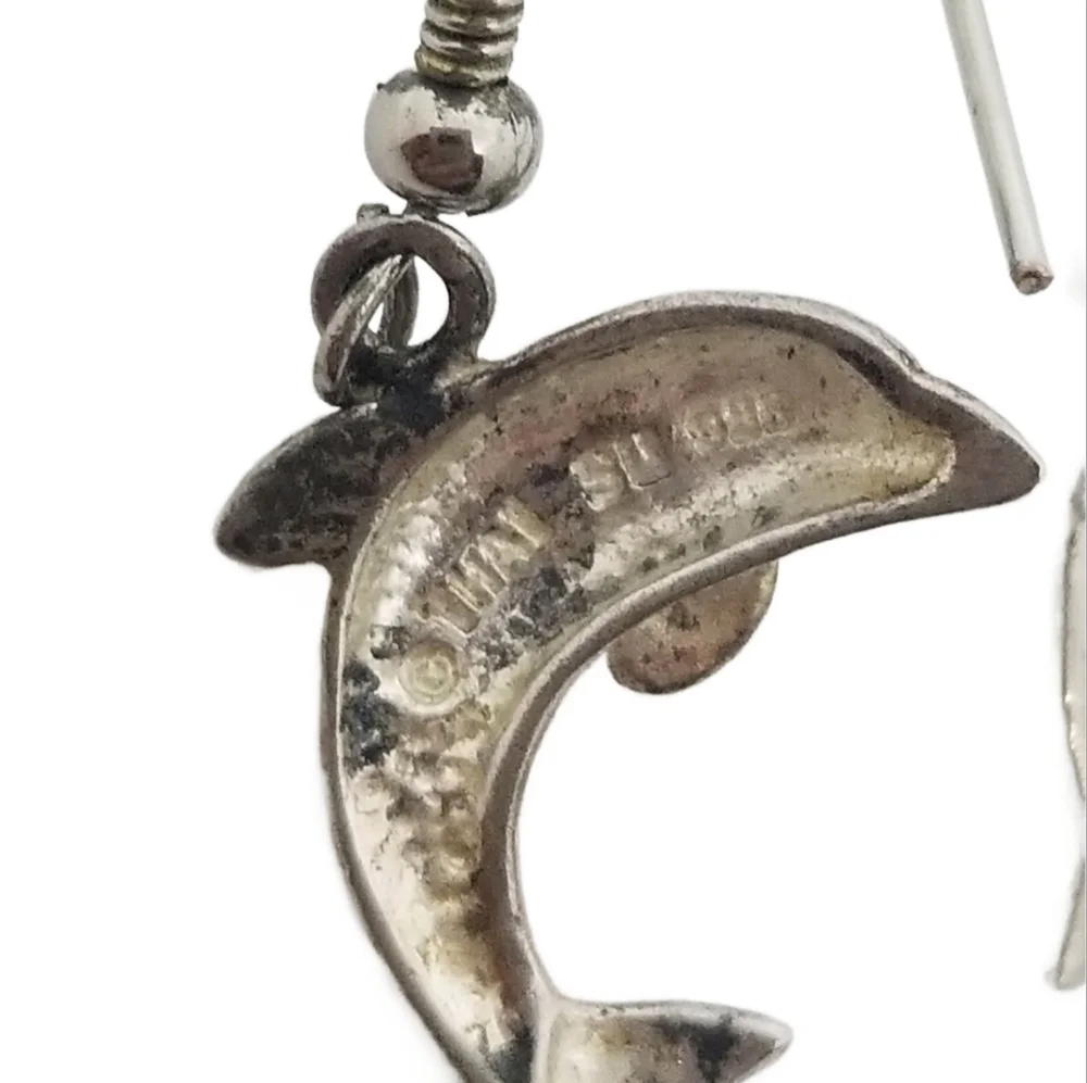 VINTAGE STERLING SILVER DOLPHIN DROP HOOK EARRINGS - Picture 4 of 4